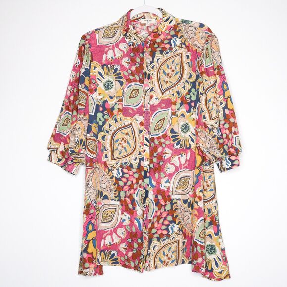 Umgee Womens Button Up Shirt‎ Size Medium Floral Colorful Print Balloon Sleeve - Picture 1 of 8